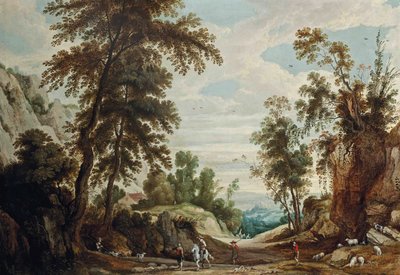 Een bosrijk landschap met een figuur te paard en herders met hun kudde op een pad, een kasteel op de achtergrond door Jan Wildens